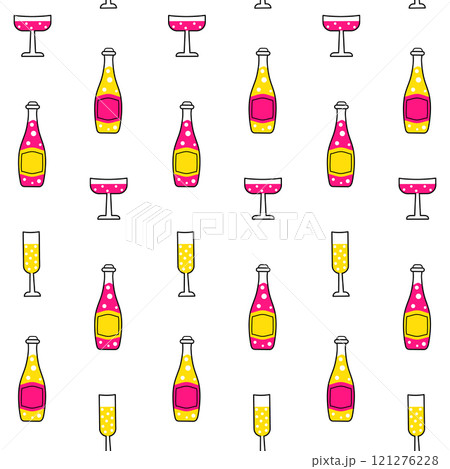 Fun seamless pattern with champagne glasses and bottles on white background 121276228