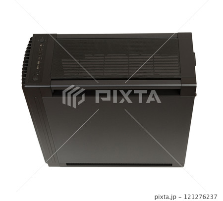 Big tower, PC case, chassis, photo of the top of the computer case, removable dust filter, connectors  USB 2.0, USB 3.2 Gen 1, USB-C, headphones are in front panel. 121276237