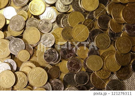 Collection of Modern Ukrainian Coins Displayed on a Surface for Currency Evaluation and Collection Collection of Modern Ukrainian Coins Displayed on a Surface for Currency Evaluation and Collection 121276311