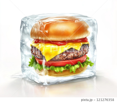 Frozen Cheeseburger in square block of ice - concept of deep freezing and preservation of products 121276358