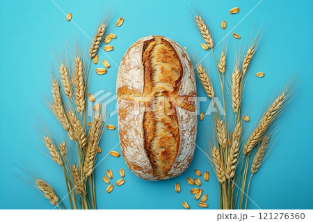 Artisan Loaf with Spikelets of Wheat on Blue Background 121276360