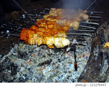 Barbecue shish kebab from juicy pieces of meat on skewers over a fire over coals. BBQ haze 121276447