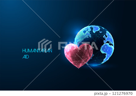 Humanitarian Aid futuristic Concept with Earth Globe and red Heart on dark blue background. 121276970