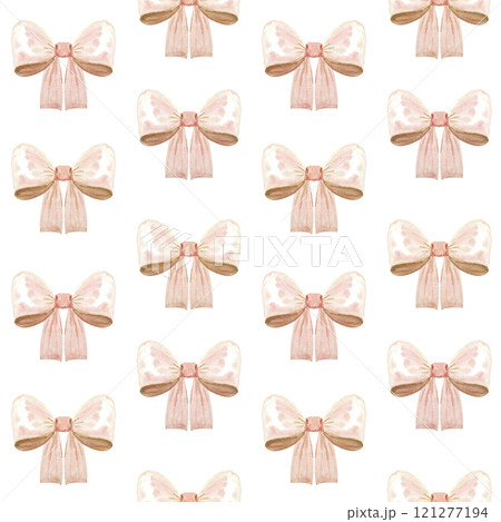 A satin bow, mocha colored ribbon, watercolor seamless pattern isolated on white. Hand drawn design perfect for wrapping paper, textile, background, websites, cards, poster, mother day decor. Pastel A satin bow, mocha colored ribbon, watercolor seamless pattern isolated on white. Hand drawn design perfect for wrapping paper, textile, background, websites, cards, poster, mother day decor. Pastel 121277194