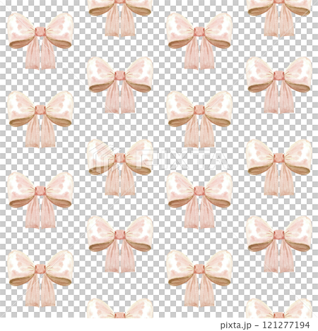 A satin bow, mocha colored ribbon, watercolor seamless pattern isolated on white. Hand drawn design perfect for wrapping paper, textile, background, websites, cards, poster, mother day decor. Pastel 121277194