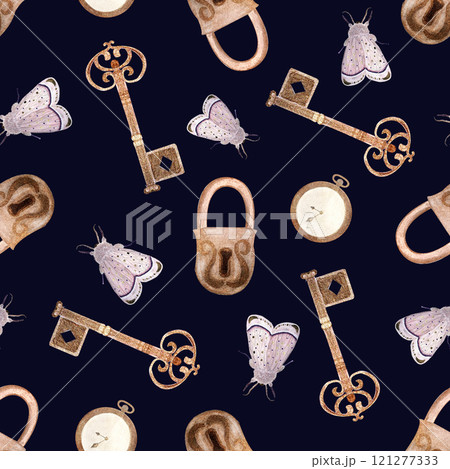 Antique lock with key, pink moth and pocket watch watercolor seamless pattern on black background. Hand painted illustration perfect for wrapping paper, textile, cards, stationary decor. Vintage Antique lock with key, pink moth and pocket watch watercolor seamless pattern on black background. Hand painted illustration perfect for wrapping paper, textile, cards, stationary decor. Vintage 121277333