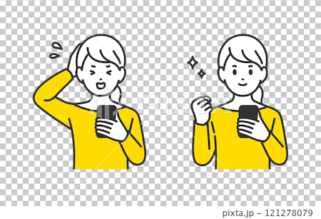 一群年輕女性看著智慧型手機，打拳頭【人物向量圖素材】 121278079