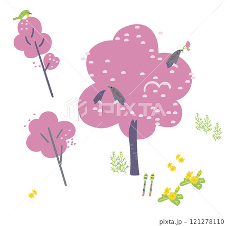 かわいくデフォルメされた桜と鳥たち　セットのストックイラスト素材 121278110