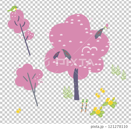 かわいくデフォルメされた桜と鳥たち　セットのストックイラスト素材 121278110