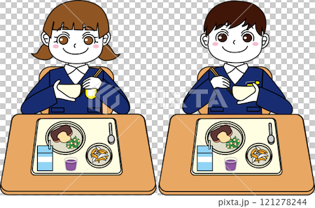 小學男孩和女孩吃學校午餐 小學男孩和女孩吃學校午餐 121278244