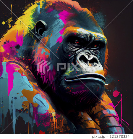 Portrait of wild gorilla with colorful and abstract. Printable design for wall art. gorilla creative 121278324