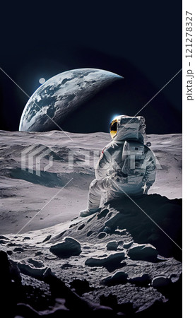 Astronaut sat on the lunar surface observing the universe. Cosmonaut exploring new destinations. 121278327
