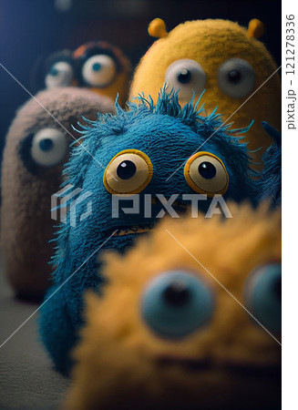 Illustration of cute little felt monsters. Felt monsters in a movie scene and dramatic lighting 121278336