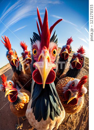 selfie of a group of roosters huddled together taking a group selfie, chicken group selfie 121278355