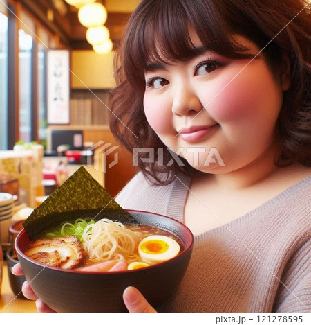 ラーメンを食べにきた ふくよかな女性 ラーメンを食べにきた ふくよかな女性 121278595