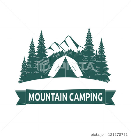 Logo Design of Camping Camp Tent in Green Mountain View with Pine Trees in Forest Logo Design of Camping Camp Tent in Green Mountain View with Pine Trees in Forest 121278751