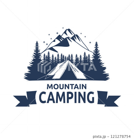 Logo Design of Camping Camp Tent in Blue Mountain View with Pine Trees in Forest 121278754