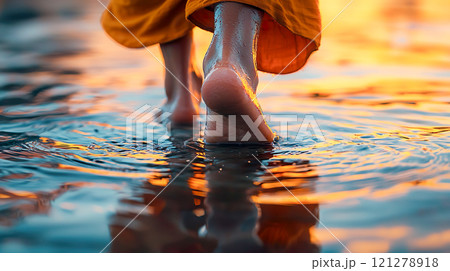 水辺を歩く裸足の修行僧の足元のクローズアップ 水辺を歩く裸足の修行僧の足元のクローズアップ 121278918
