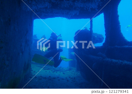 The Seatiger shipwreck when SCUBA diving off of Oahu. Wreck diving adventures with Oahu Diving, your wreck dive specialist. 121279341