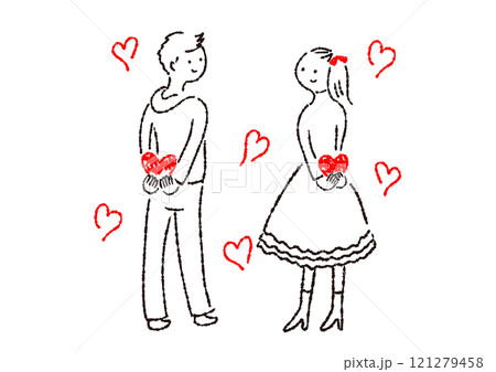 ハートを隠し持っている若い男女のシンプル手描きイラスト ハートを隠し持っている若い男女のシンプル手描きイラスト 121279458