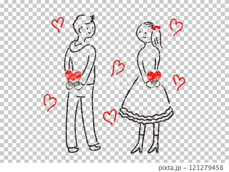 ハートを隠し持っている若い男女のシンプル手描きイラスト ハートを隠し持っている若い男女のシンプル手描きイラスト 121279458