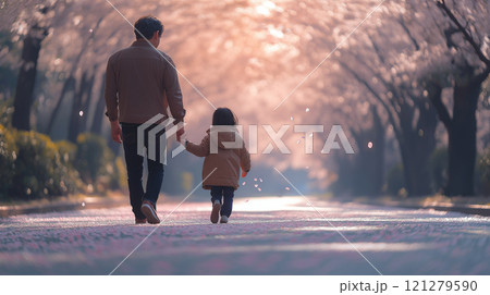 桜の木の下を歩く父と子 121279590
