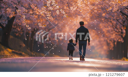 桜の木の下を歩く父と子 121279607