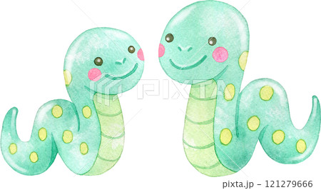 親子のかわいい蛇(ヘビ)の水彩イラスト 121279666