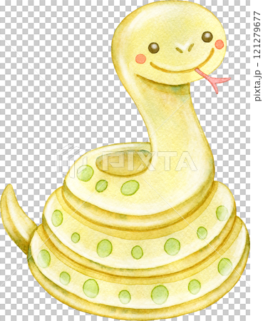 とぐろを巻いている金色の蛇(ヘビ)の水彩イラスト 121279677