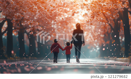 桜の木の下を歩く母と子 121279682