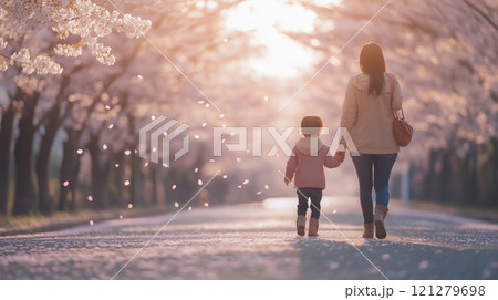 桜の木の下を歩く母と子 121279698