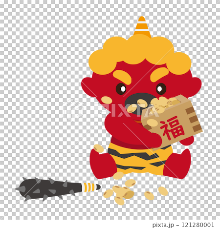 節分の福豆を座って食べる赤鬼のイラスト 節分の福豆を座って食べる赤鬼のイラスト 121280001