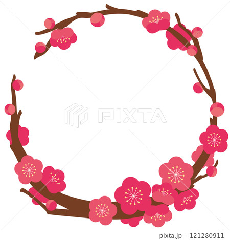 紅梅の枝で作った円形フレームのベクターイラスト 121280911