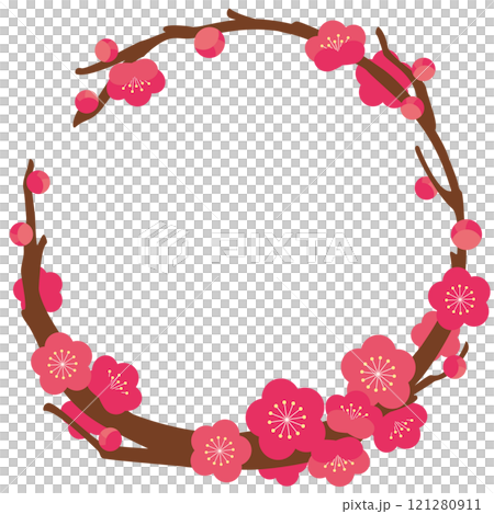 由紅梅枝製成的圓形框架的向量圖解 121280911
