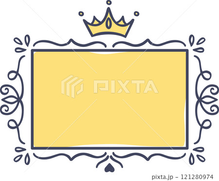 Elegant yellow rectangular frame with crown and flourishes, perfect for invitations, announcements, or any design project requiring a touch of royalty and sophistication Elegant yellow rectangular frame with crown and flourishes, perfect for invitations, announcements, or any design project requiring a touch of royalty and sophistication 121280974