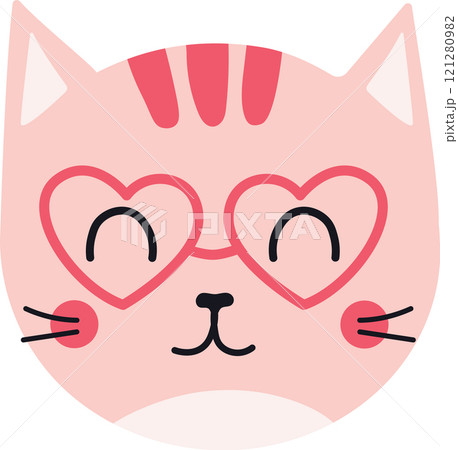 Cute pink cat wearing heart shaped glasses is smiling happily, creating a lovely and romantic atmosphere perfect for Valentine s Day or any occasion celebrating love and affection 121280982