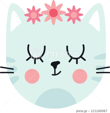 Turquoise kitten face adorned with pink flowers, featuring closed eyes, rosy cheeks, and a light blue chin, creating a charming and adorable vector illustration perfect for kids 121280987