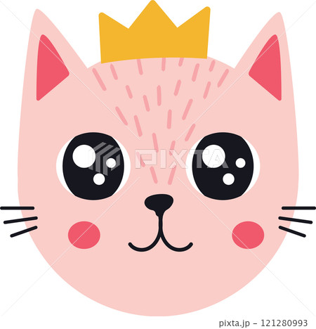 Adorable pink cat wearing a golden crown, featuring big, expressive eyes and a sweet, smiling face, creating a charming and whimsical design Adorable pink cat wearing a golden crown, featuring big, expressive eyes and a sweet, smiling face, creating a charming and whimsical design 121280993