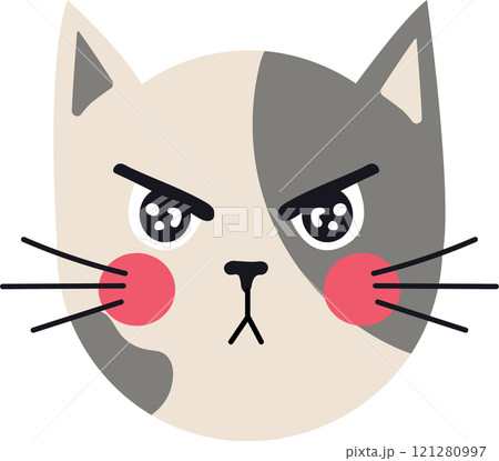 Cartoon illustration of a grumpy cat with furrowed brow and narrowed eyes, conveying anger and displeasure with pink cheeks and gray and white fur 121280997