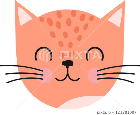 Adorable cartoon ginger cat face with closed eyes, smiling and winking, showing happiness and joy, ideal for children products, prints, and playful designs Adorable cartoon ginger cat face with closed eyes, smiling and winking, showing happiness and joy, ideal for children products, prints, and playful designs 121281007