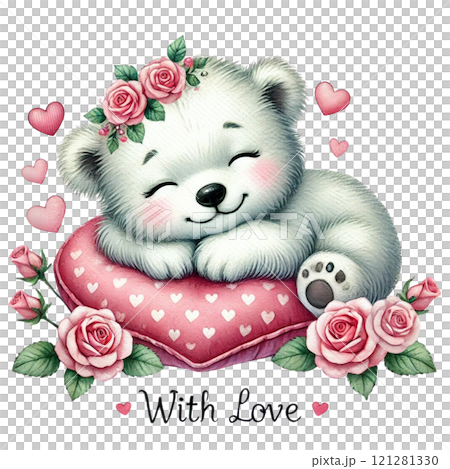Adorable bear illustration with flowers and hearts, spreading love. Valentine's day cartoon character. 121281330