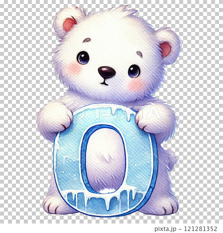 Cute polar bear character holding a frosty number zero. Valentine's day cartoon character. 121281352