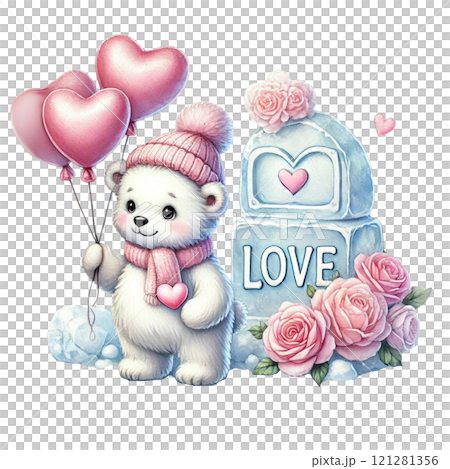 Cute polar bear holding heart balloons near a love sculpture. Valentine's day cartoon character. Cute polar bear holding heart balloons near a love sculpture. Valentine's day cartoon character. 121281356