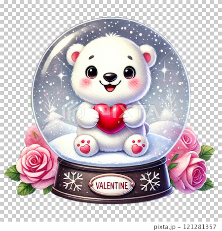 Cute polar bear in a snow globe, perfect for Valentine's Day. Valentine's day cartoon character. Cute polar bear in a snow globe, perfect for Valentine's Day. Valentine's day cartoon character. 121281357