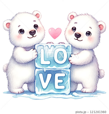 Cute polar bears with blocks of ice spelling love. Valentine's day cartoon character. 121281360