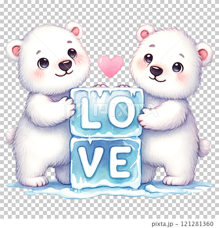 Cute polar bears with blocks of ice spelling love. Valentine's day cartoon character. 121281360