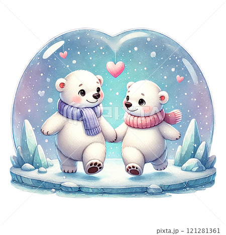 Two adorable polar bear cubs playfully holding hands in a snow globe. Valentine's day cartoon character. Two adorable polar bear cubs playfully holding hands in a snow globe. Valentine's day cartoon character. 121281361