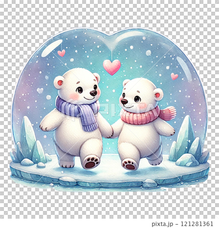 Two adorable polar bear cubs playfully holding hands in a snow globe. Valentine's day cartoon character. Two adorable polar bear cubs playfully holding hands in a snow globe. Valentine's day cartoon character. 121281361