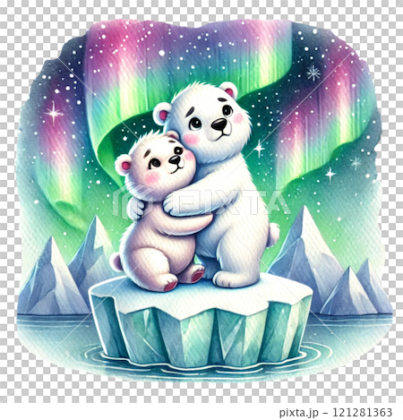 Two cute polar bears embracing under the northern lights. Valentine's day cartoon character. 121281363