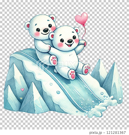 Two playful polar bear cubs sliding down a snowy mountain. Valentine's day cartoon character. 121281367